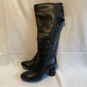 Villador Black Leather High Heel knee high Boots Size 9 With Lam Fur Inside